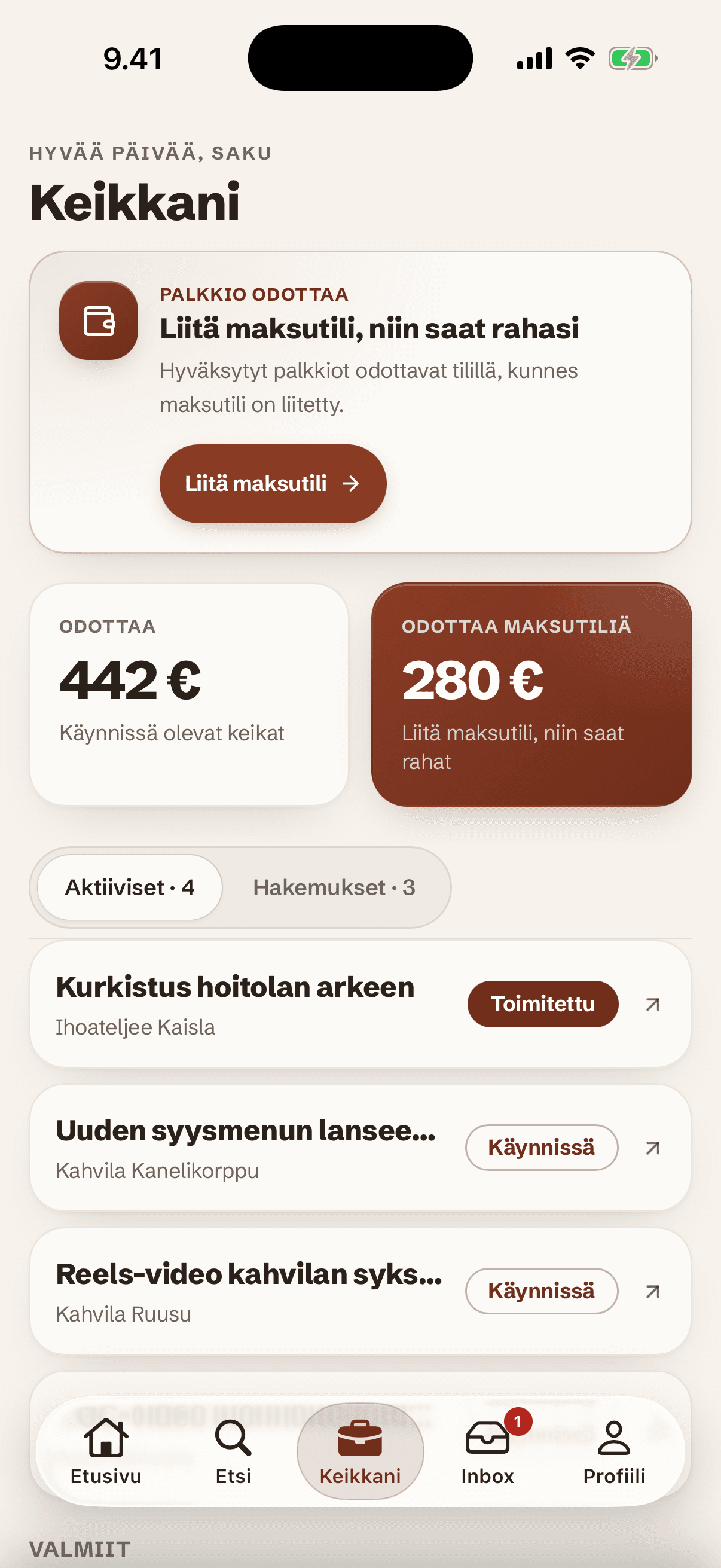 Featle-sovelluksen ansiot- ja keikkanäkymä