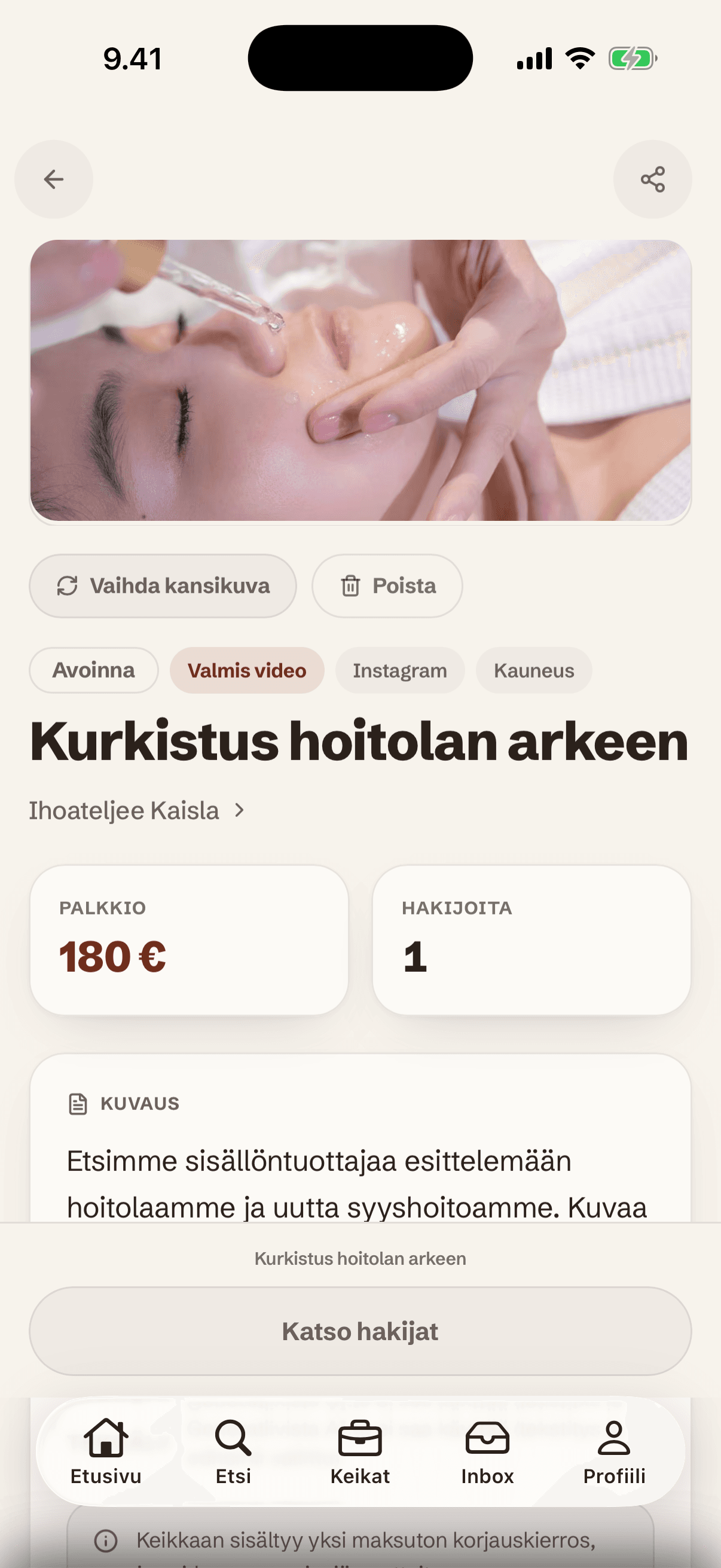 Featle-sovelluksen näkymä, jossa yritys on julkaissut toimeksiannon